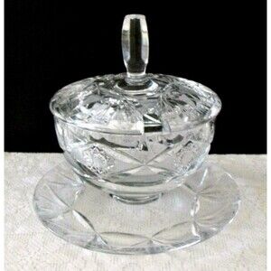 Vintage Crystal Relish Dish Lid & Tray Spoon Slot MCM 4.87ʺW × 4.88ʺD × 6ʺH